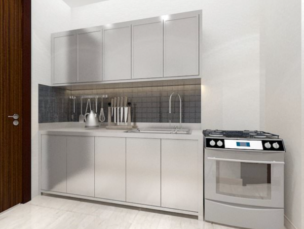 Kitchen set minimalis dengan aksen stainless steel
